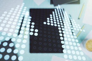 Creative abstract upward arrows sketch and modern digital tablet on background, target and goal concept. Multiexposure